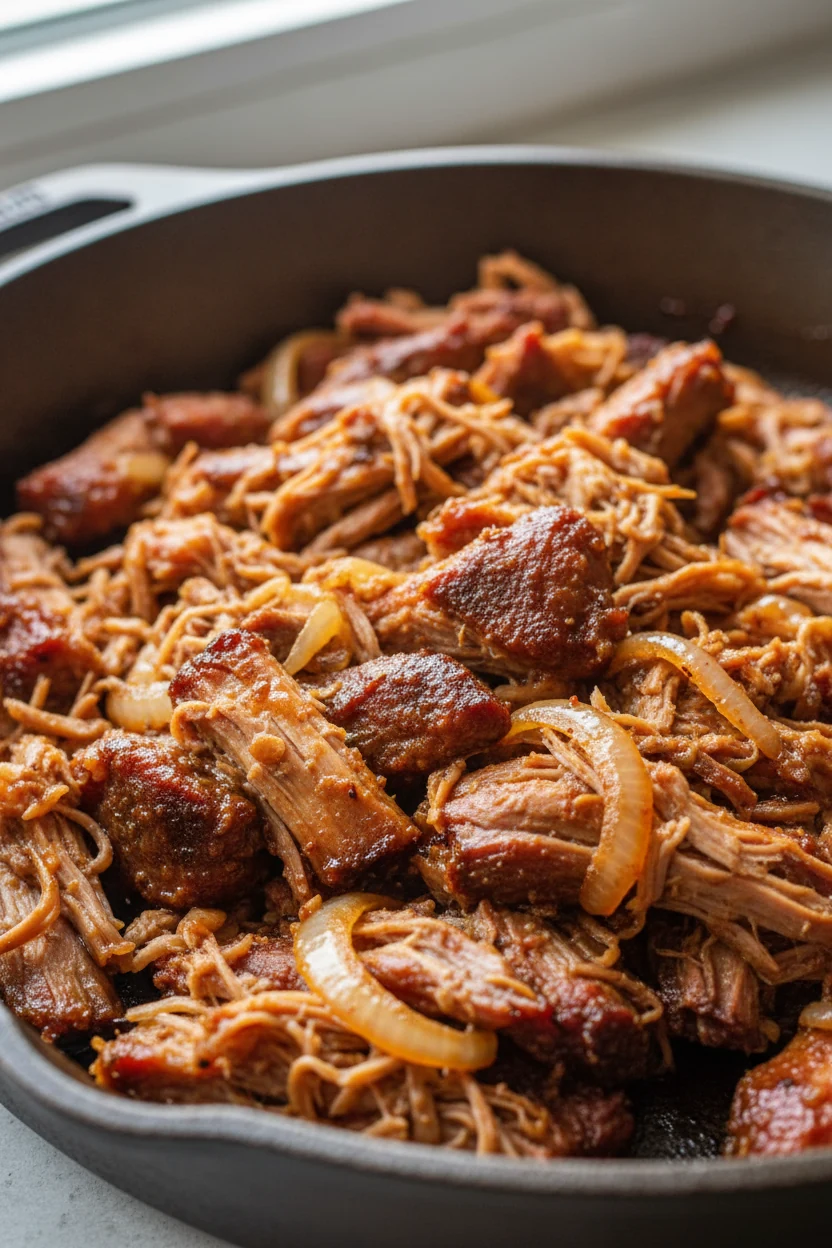 1. Close-up of shredded pulled pork glistening with reduced cooker juices + barbecue sauce, smoky paprika crust and cara