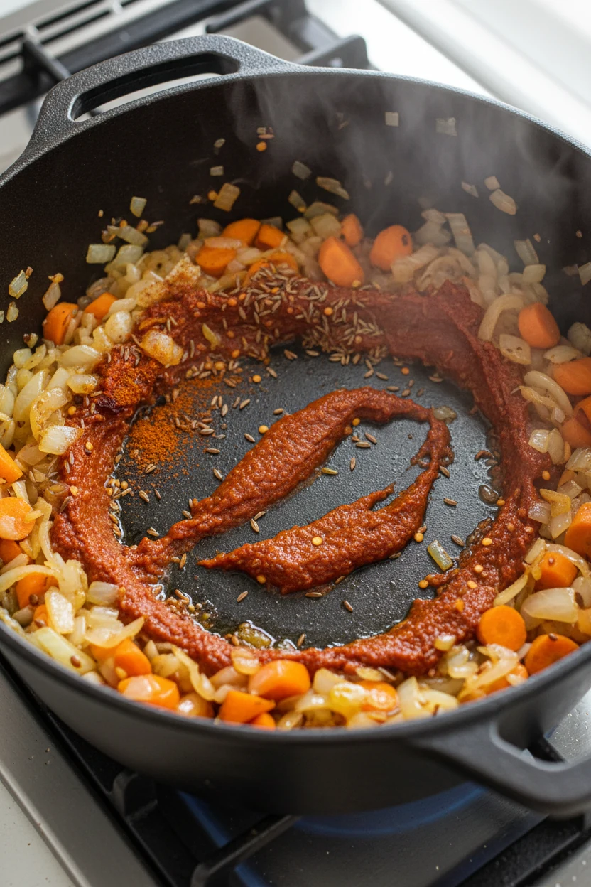 Close-up detail: tandoori-roasted cauliflower florets on a hot rimmed sheet pan, blistered bronze edges, deep orange spi