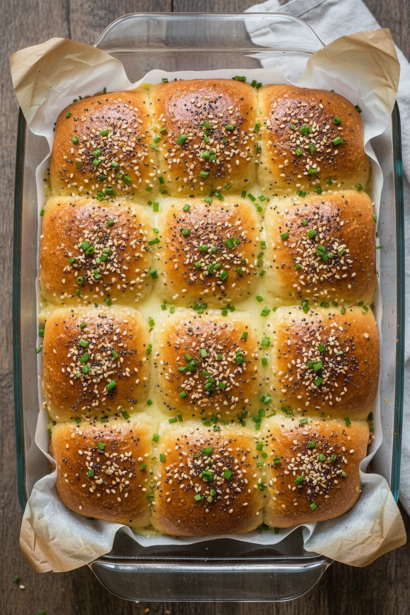 Overhead shot of a parchment-lined 9x13 pan of baked ham & Swiss Hawaiian roll sliders, golden-brown tops brushed with b