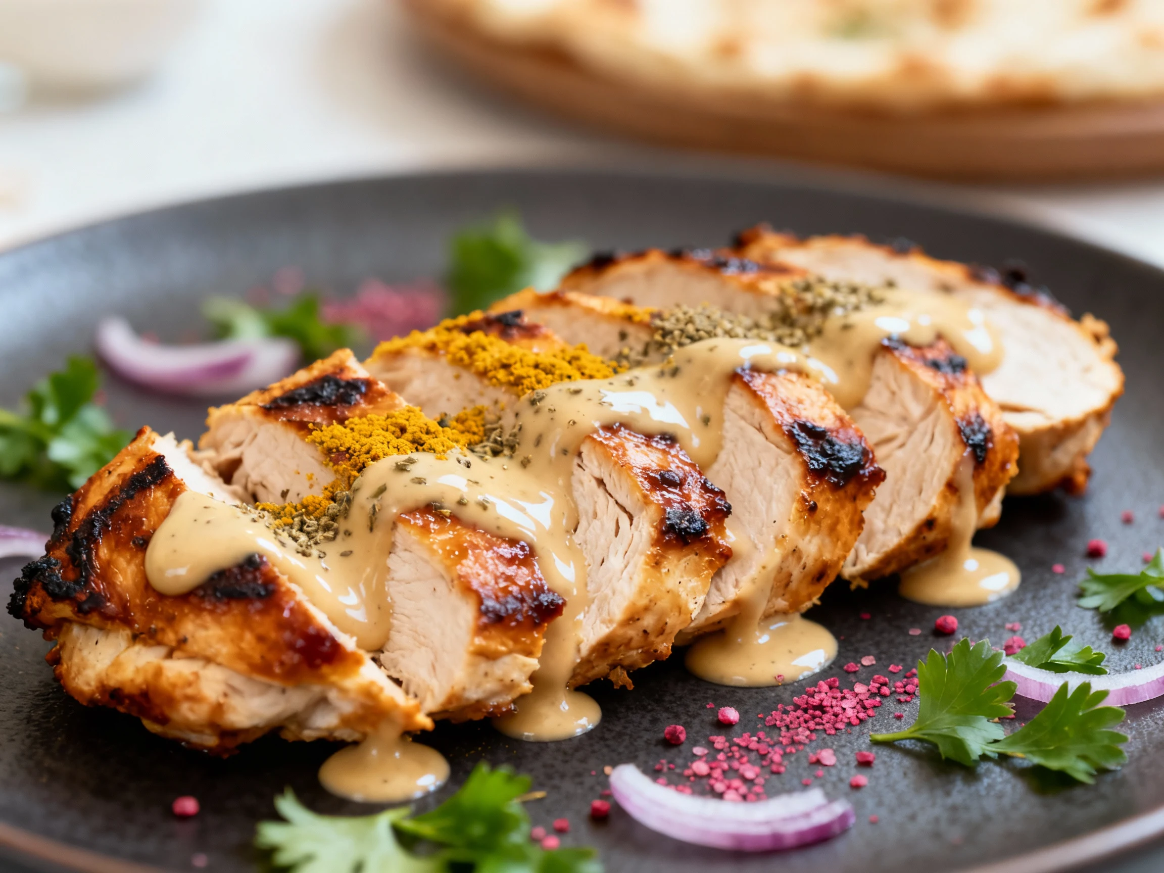 Food photography, 1. Close-up of sliced chicken shawarma with charred, caramelized edges and glossy tahini drizzle, flec