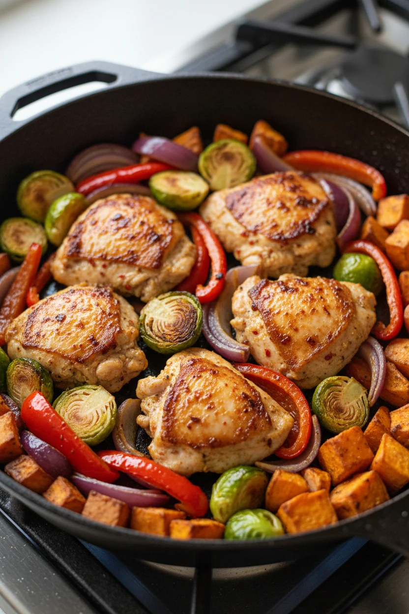 Cooking process: One-pan chipotle-lime chicken skillet mid-cook—chicken thigh pieces searing in the center, Brussels spr