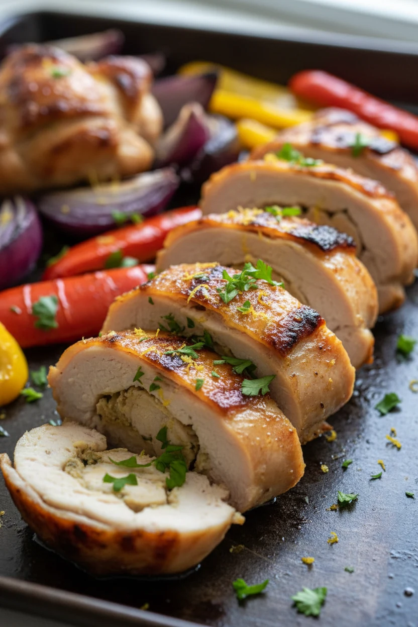 1. Close-up of sliced roasted yogurt-marinated chicken thighs with caramelized edges from 425°F roasting, juices glisten