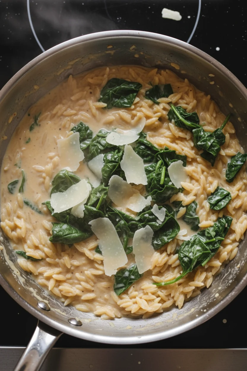 Overhead cooking process: one-pan creamy orzo mid-simmer with milk added and Parmesan melting in, spinach wilting in bat