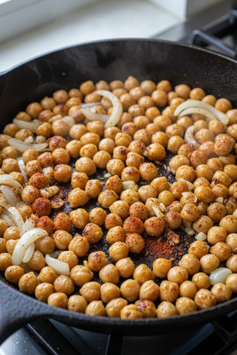 Chickpeas spread in an even layer, blistering and browning in a cast-iron skillet with translucent onion, garlic, cumin,