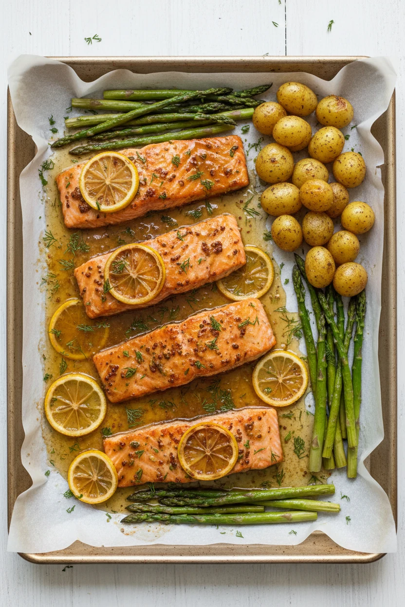 Overhead shot of a parchment-lined sheet pan with four baked, skin-on salmon fillets at 425°F, caramelized lemon–garlic–