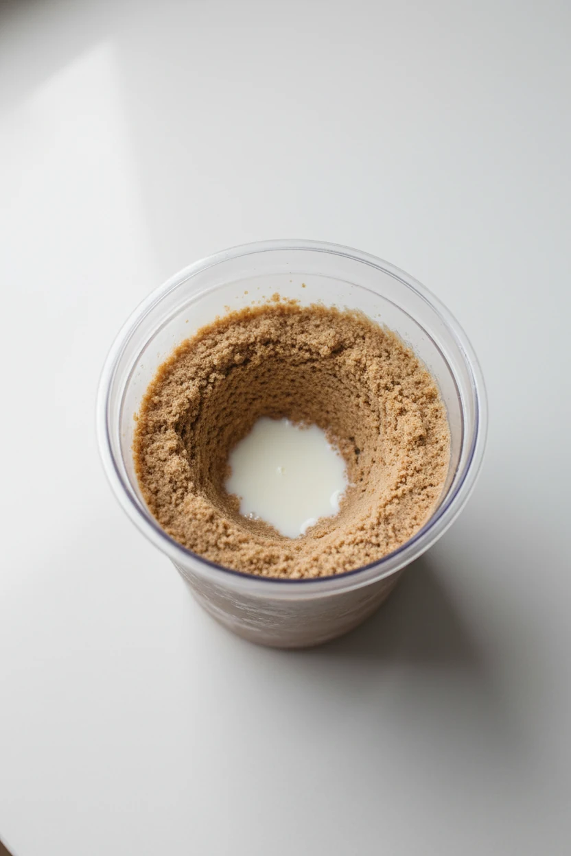 Overhead process shot of a Ninja Creami pint after the first spin: sandy crumbles with a shallow well filled with 1–2 tb