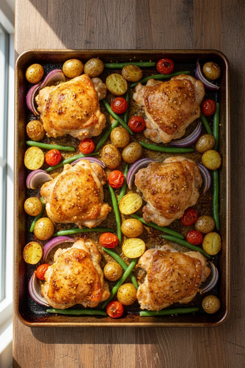 Overhead shot mid-roast: preheated sheet pan at 425°F with chicken thighs skin-side up starting to brown, baby potatoes 