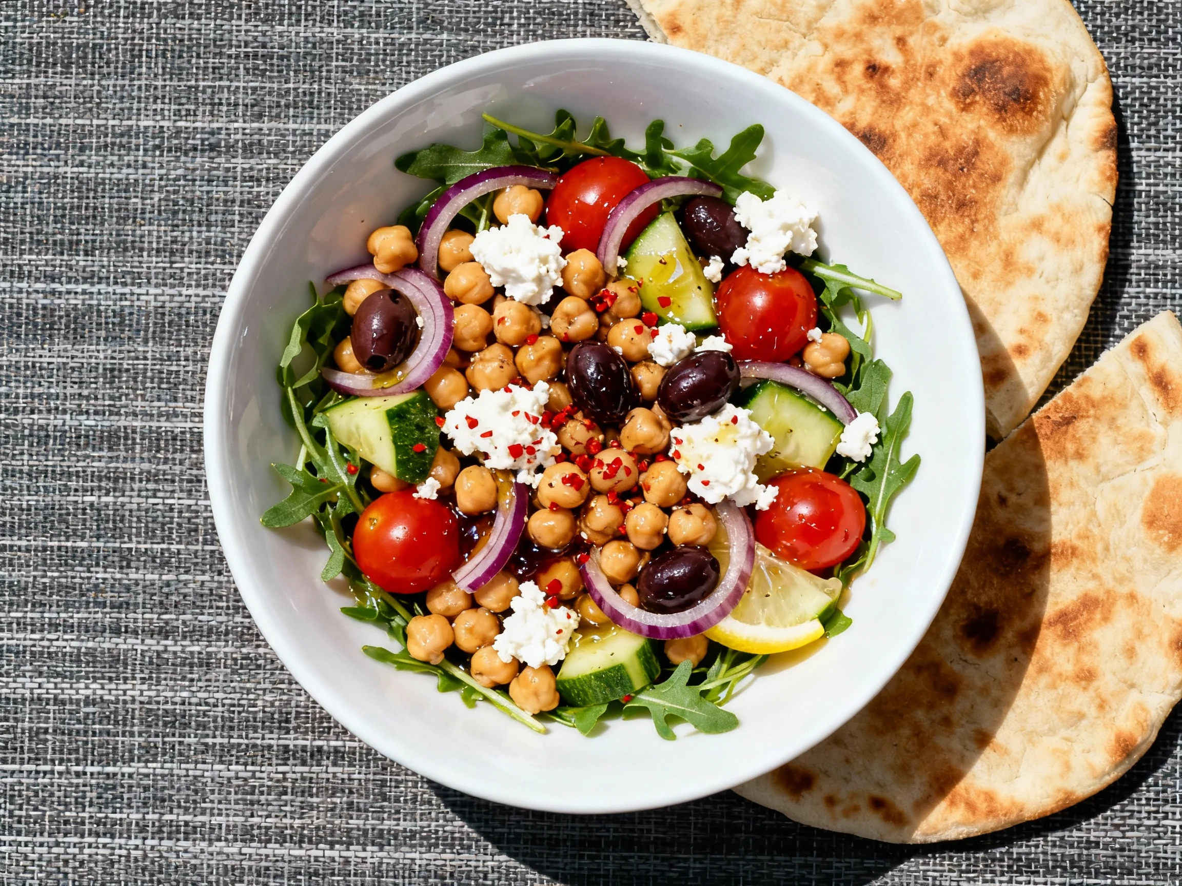 Food photography, Overhead shot of Greek Chickpea Salad: chickpeas, cherry tomatoes, cucumber, red onion, Kalamata olive