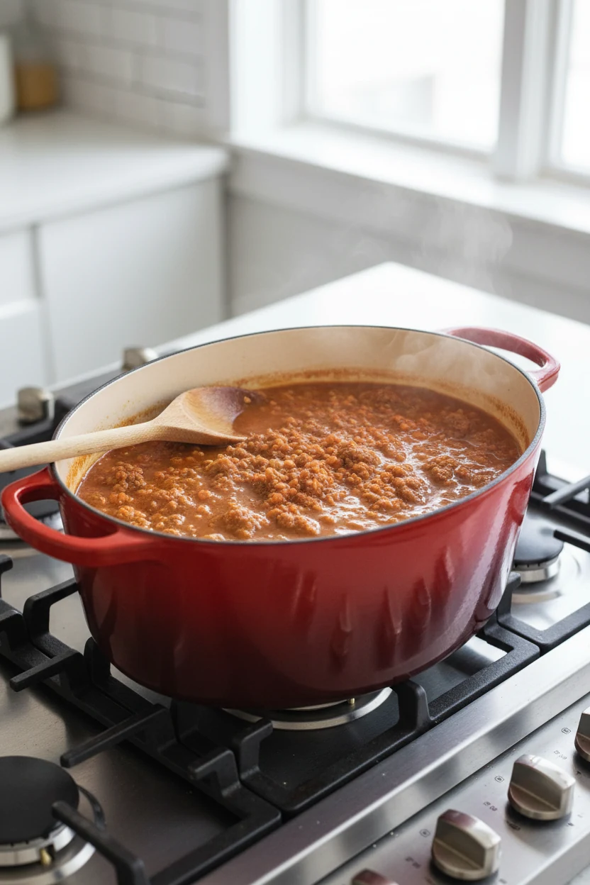Cooking process: Spicy Sausage & Red Lentil soup gently simmering in a matte enamel Dutch oven, browned Italian sausage 