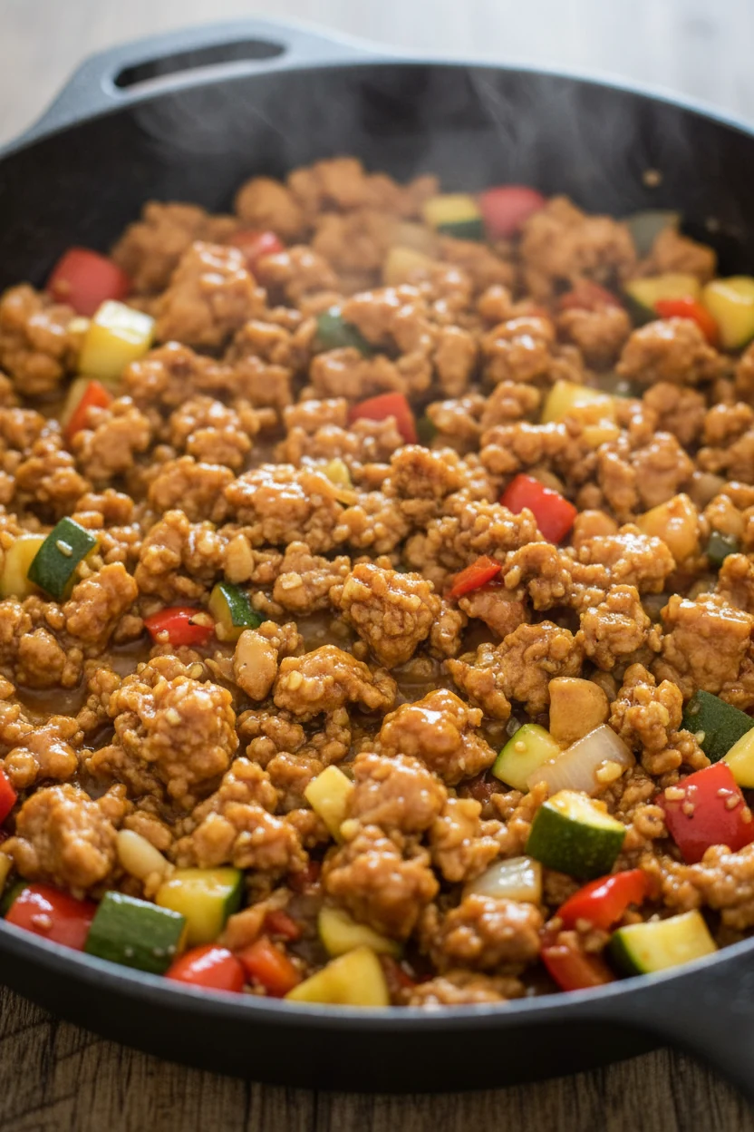 Close-up of sticky, glossy ground turkey in a skillet right after the sauce thickens: soy–honey–sriracha glaze clinging 