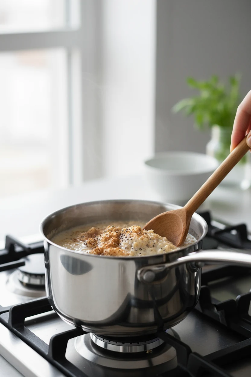 Close-up cooking process: stovetop creamy rolled oats being stirred in a small stainless pot, glossy swirls and gentle s