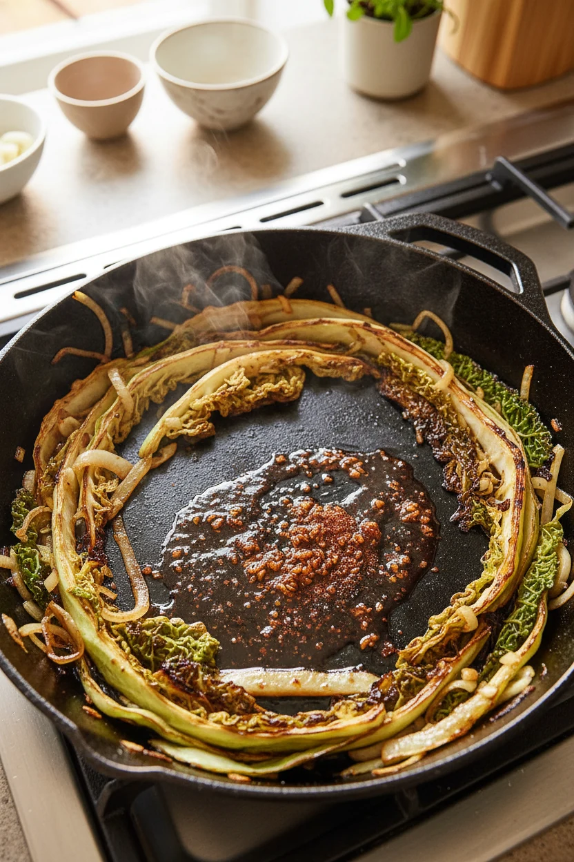 Overhead shot of caramelized cabbage ribbons and golden onions charring in a cast-iron skillet as soy sauce deglazes the