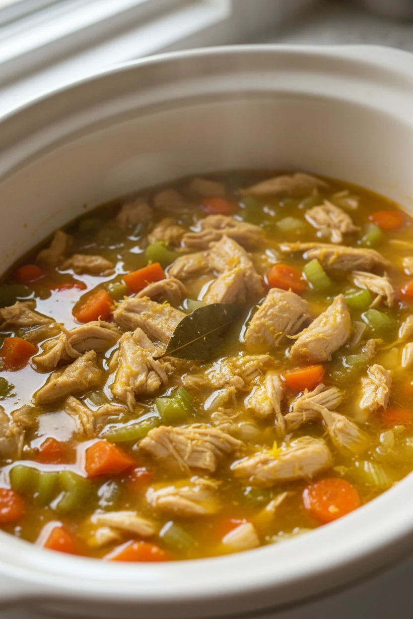 Close-up detail: shredded lemon-herb chicken glistening in golden chicken broth inside a slow cooker, with tender carrot