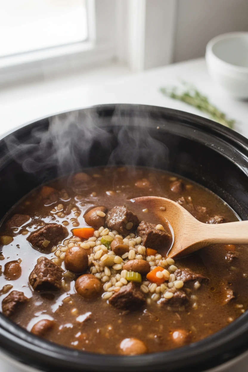 Slow cooker beef & barley soup, mid-cook reveal: tender beef cubes and plump pearl barley with mushrooms in a rich brown