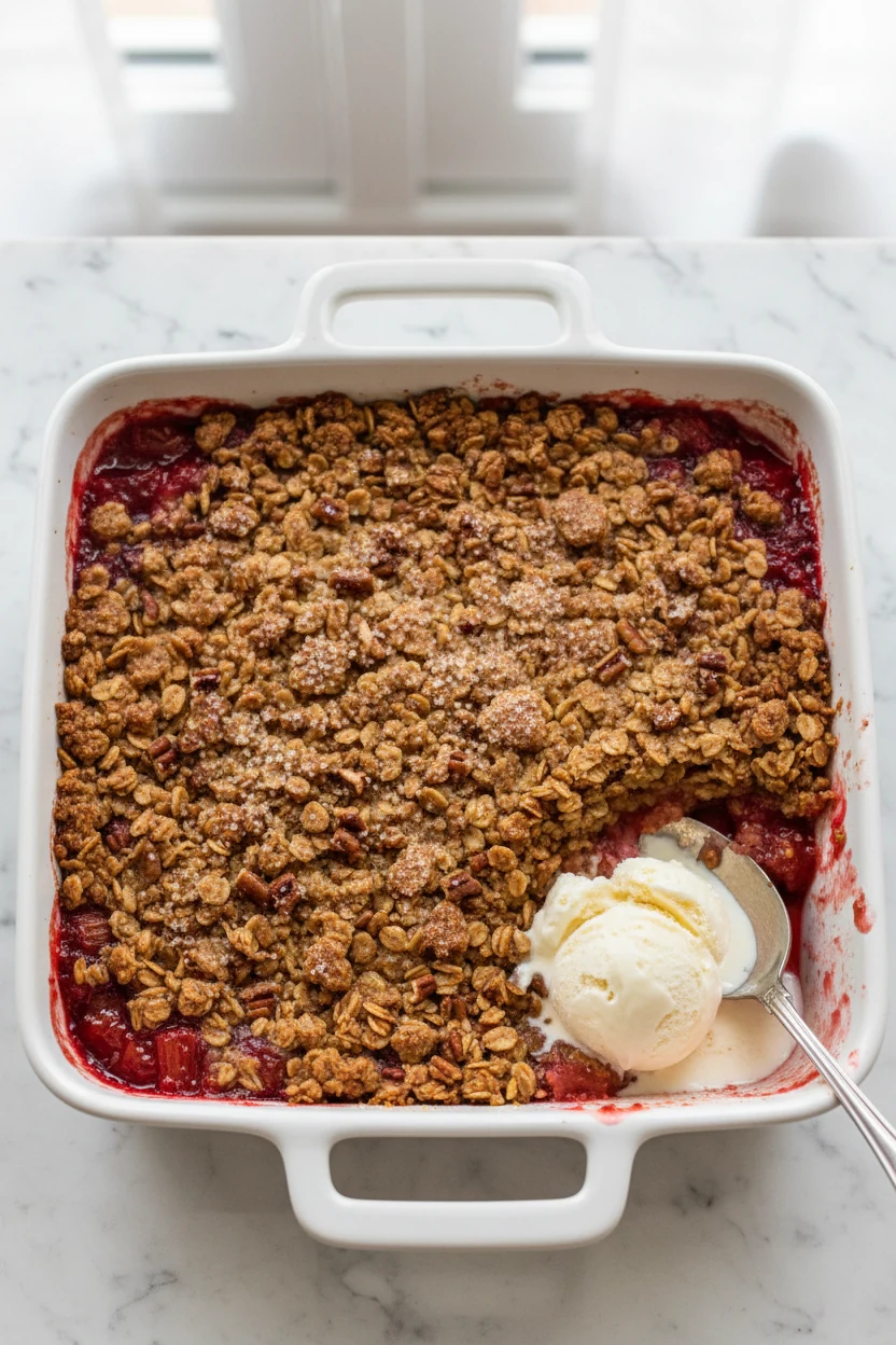 1. Overhead shot of freshly baked Rhubarb Crisp in a 9-inch square dish: golden chunky oat and brown sugar topping with 