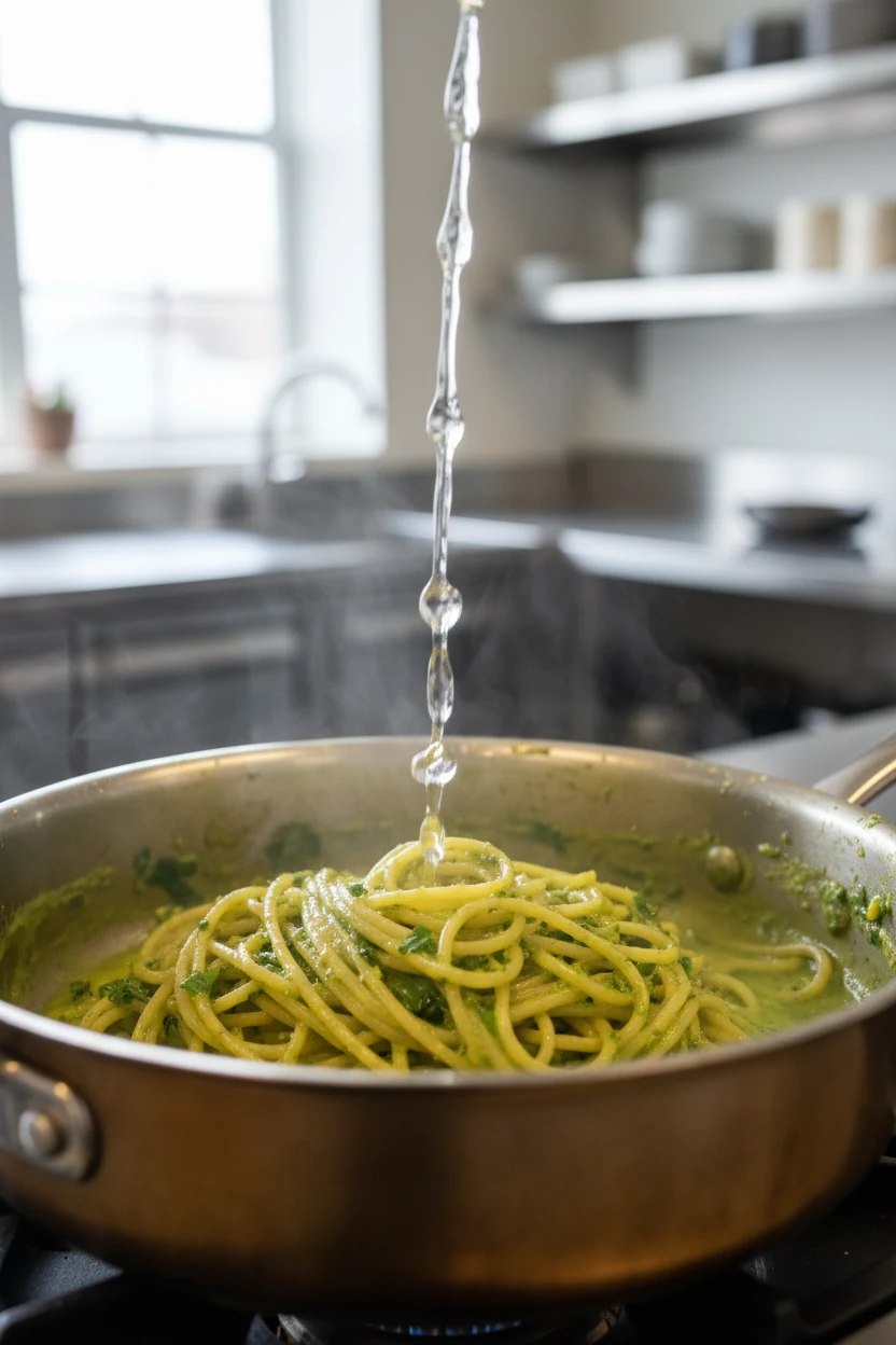 1. Avocado cilantro lime pasta being tossed off heat in a warm pot with a splash of reserved pasta water; glossy green s