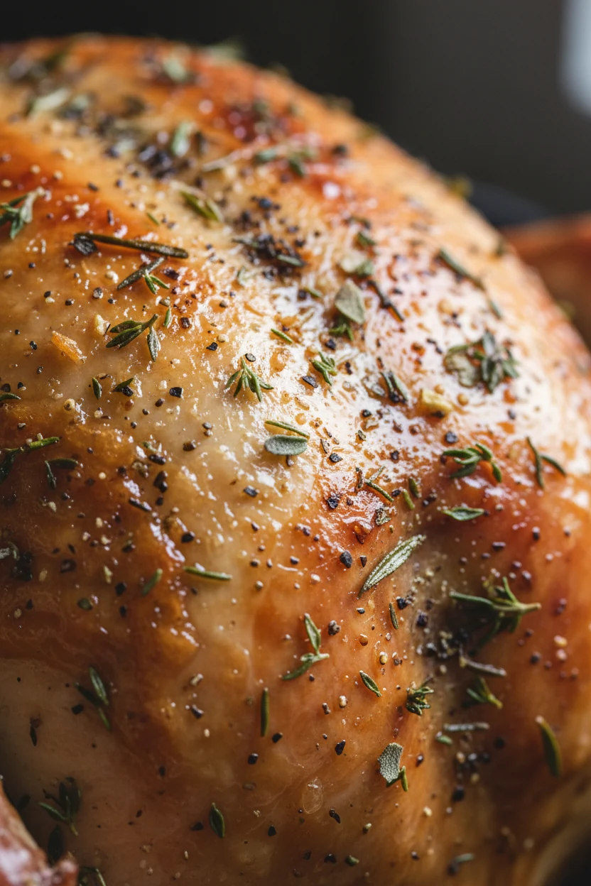 Close-up of blistered, golden-brown turkey skin on a fully roasted bird, crackly micro-bubbles from baking powder with f