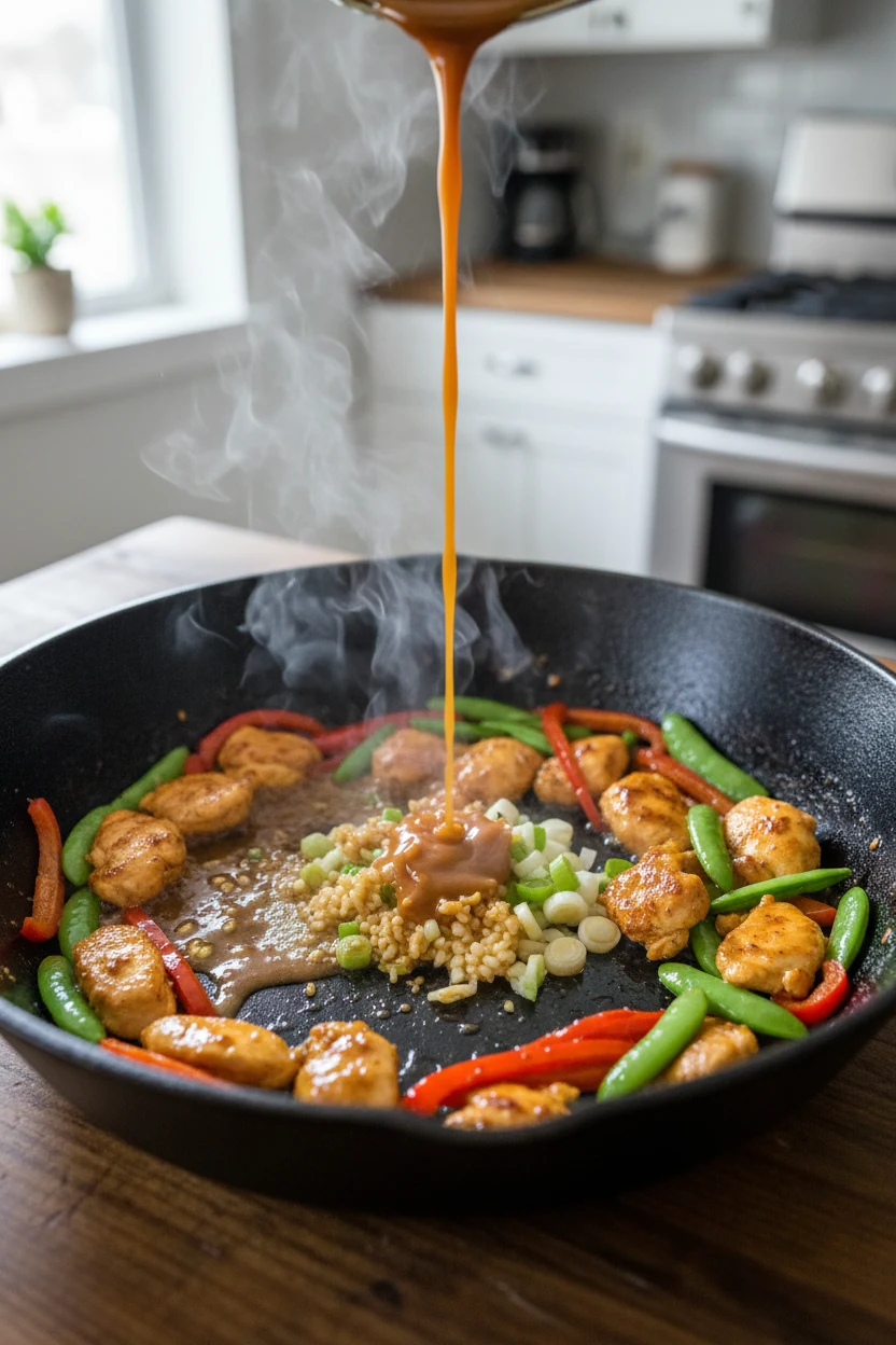 Cooking process: master stir-fry sauce hitting a just-smoking wok, instantly glossing and thickening around seared chick
