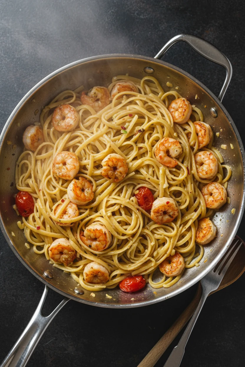 Overhead shot of linguine being vigorously tossed in a large stainless skillet with seared shrimp, garlic, red pepper fl