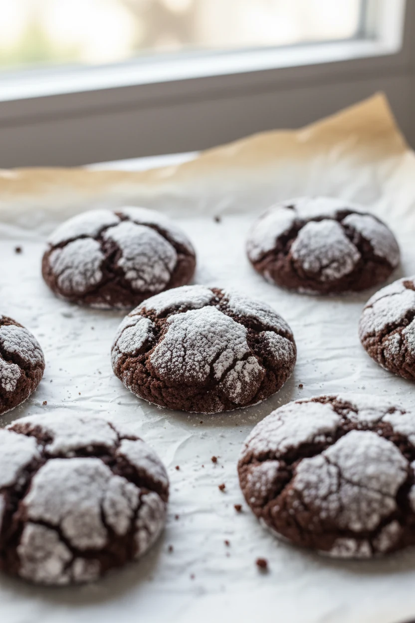 1. Close-up of chocolate crinkle cookies just baked on parchment, snowy powdered sugar crackles over deep cocoa ridges, 