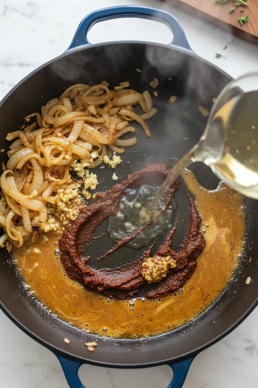 Dutch oven deglaze: tight overhead of caramelized onions and garlic sizzling as a stream of dry white wine hits the toma