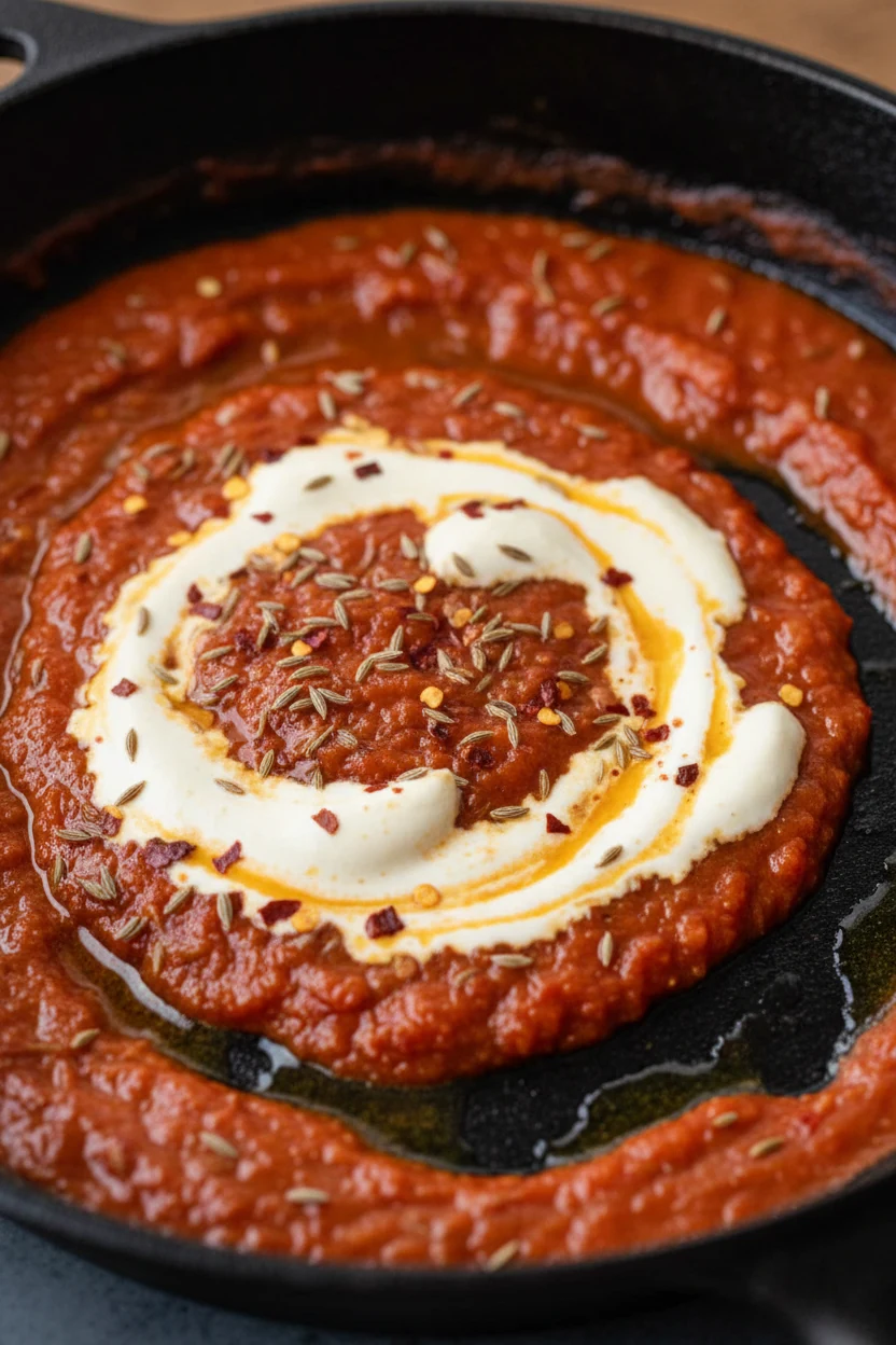 Close-up detail: Jammy tomato base sauce in the skillet with bloomed cumin seeds, Kashmiri chili, and a cashew-cream swi