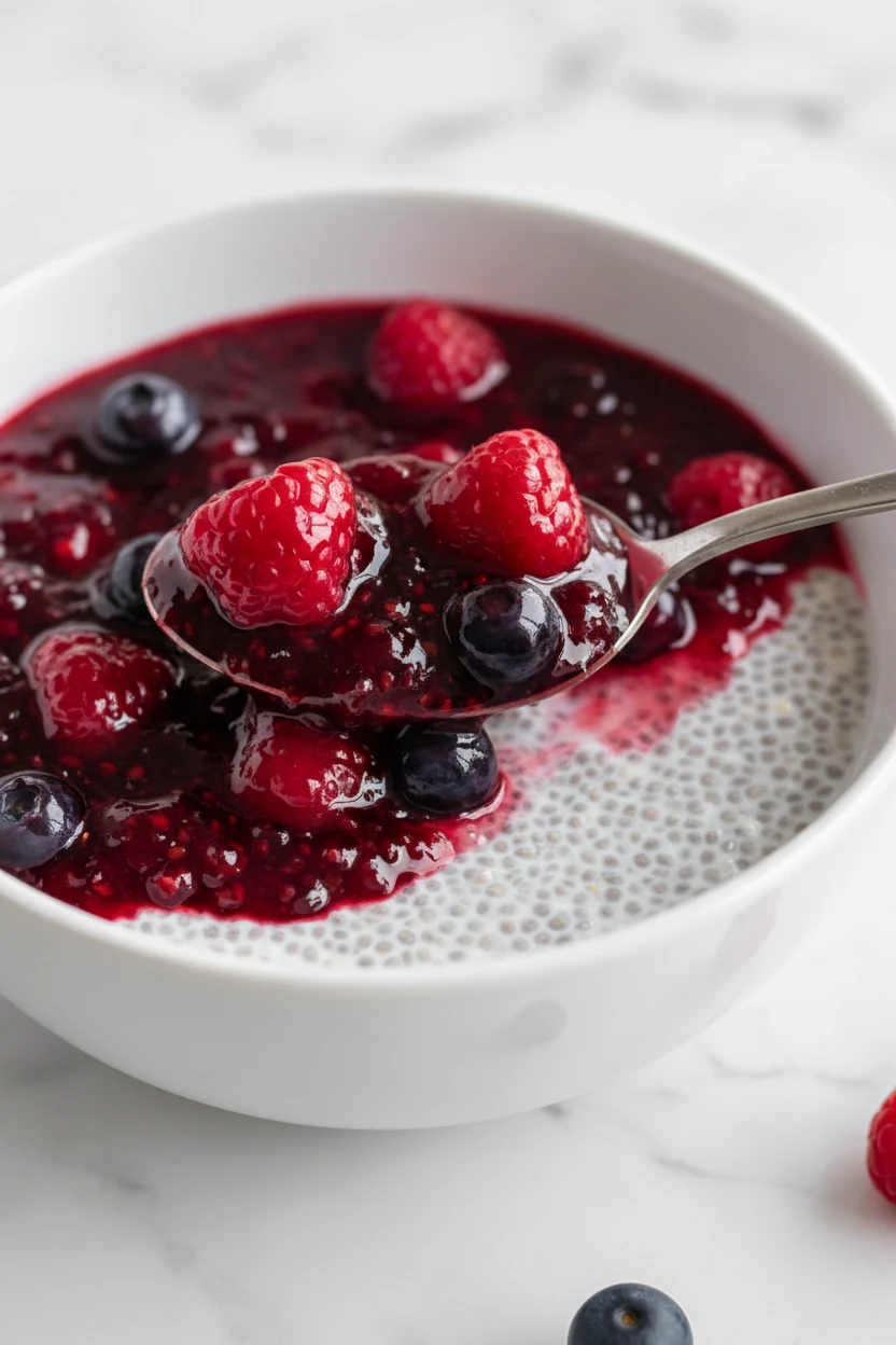 Close-up of glossy berry chia jam spooned over a chilled vanilla chia pudding base, visible whole berries and gelled chi