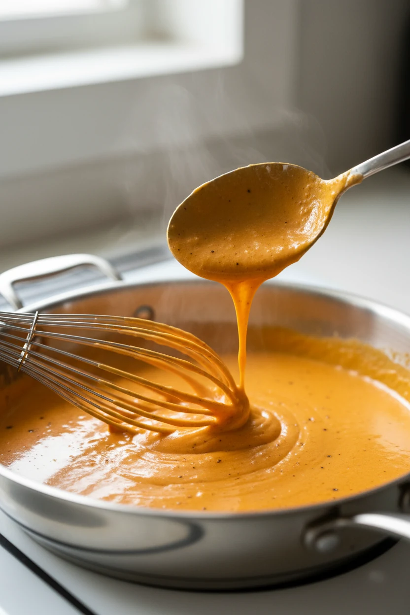 Close-up cooking process shot: glossy, paprika-tinted cheese sauce with melted sharp cheddar and Parmesan being whisked 