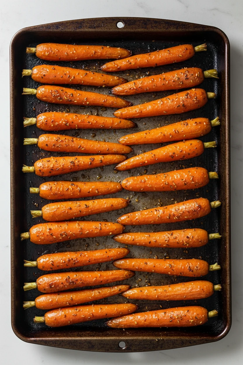 Overhead shot of caramelized carrot batons mid-roast on a preheated 425°F sheet pan, evenly spaced for browning, spice-s