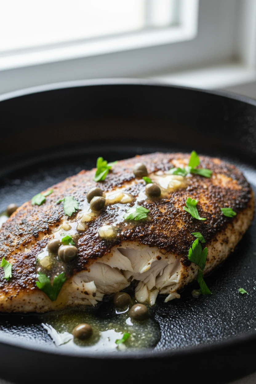 Macro close-up of pan-seared tilapia with a paprika-cumin crust, flaky layers visible, glossy lemon-garlic butter spoone