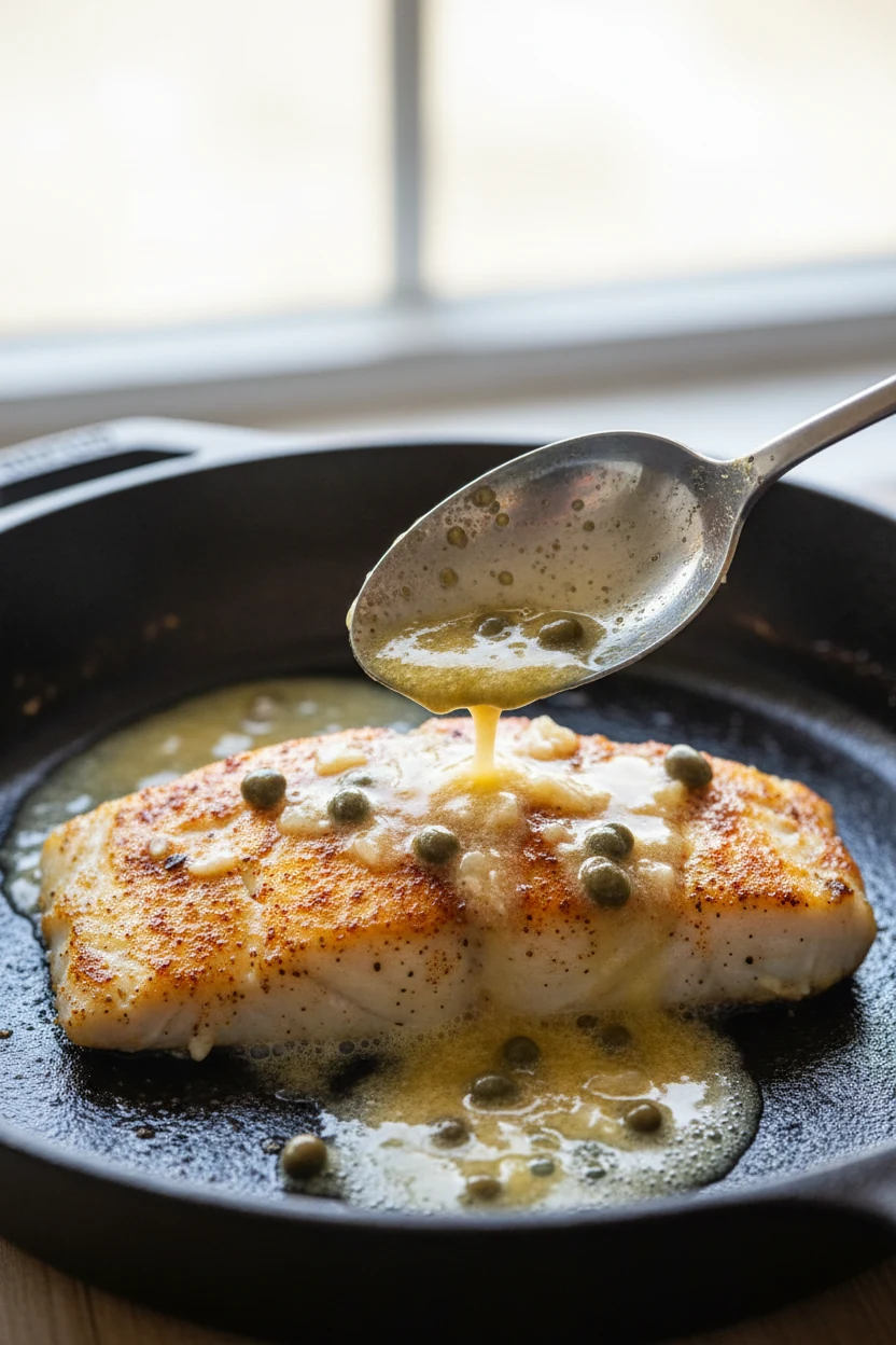 1. Close-up of cod fillet in a cast-iron skillet mid-baste: golden smoked-paprika crust, foaming lemon–garlic butter wit