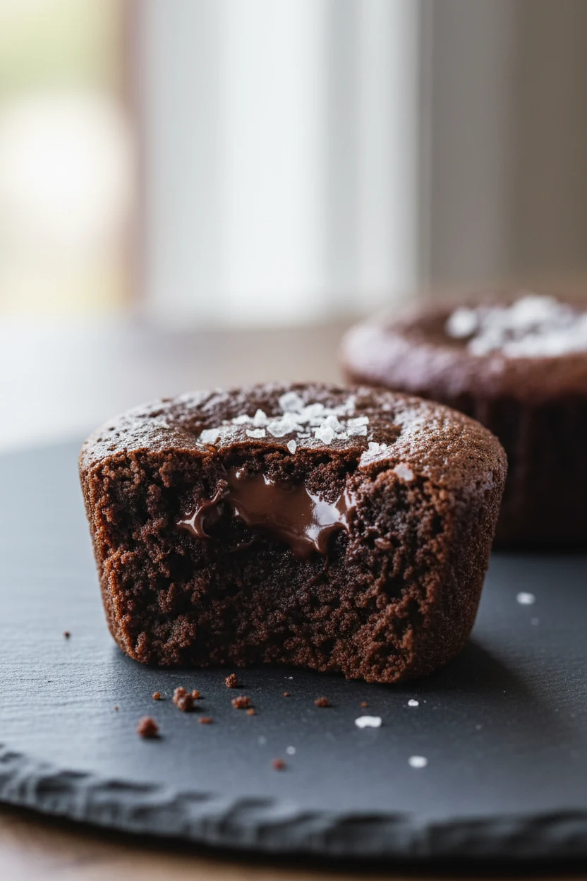 Close-up of a bitten mini brownie bite showing fudgy center, melted 70% dark chocolate chip pockets, and flaky sea salt 