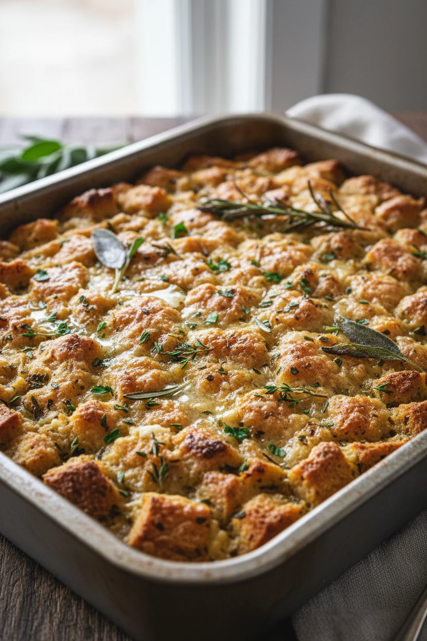 Close-up of crackly, butter-drizzled crust on classic herb-and-butter stuffing in a metal pan; golden sourdough cubes wi