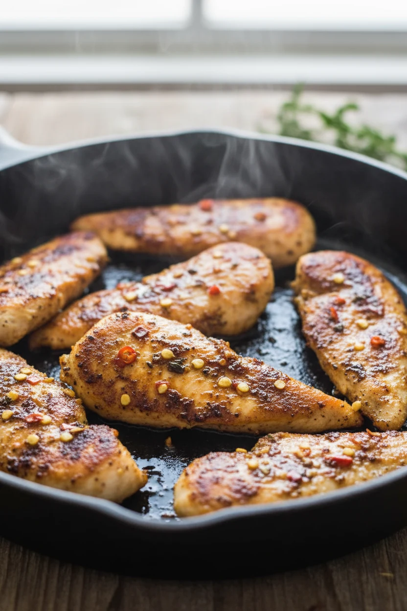 Close-up of skillet-seared chicken tenderloins with smoky paprika crust and light char, glistening lemon-butter and chil