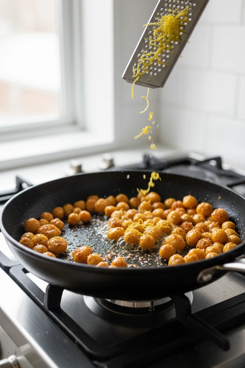 Skillet Crispy Chickpeas (Smoky Lemon) being crisped in a nonstick pan: golden, blistered chickpeas with olive oil sheen