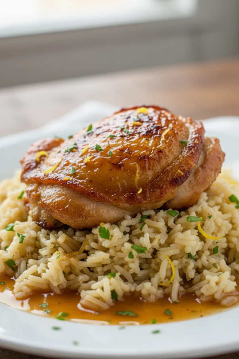 Close-up of deeply golden seared chicken thigh atop fluffy lemon-herb rice, glossy pan drippings forming a silky sauce, 