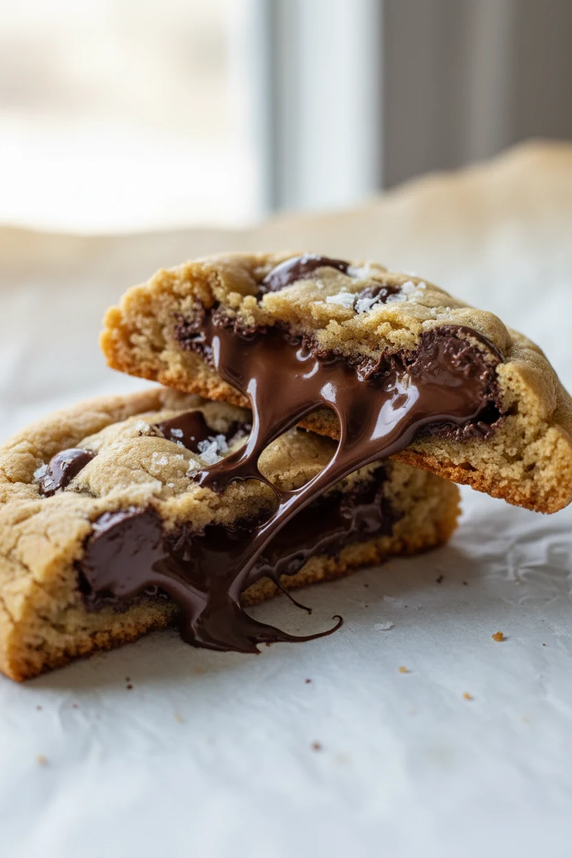 1. Close-up of a just-baked chocolate chip cookie torn open—gooey semisweet chips, crinkled top, crisp golden rim, pale 