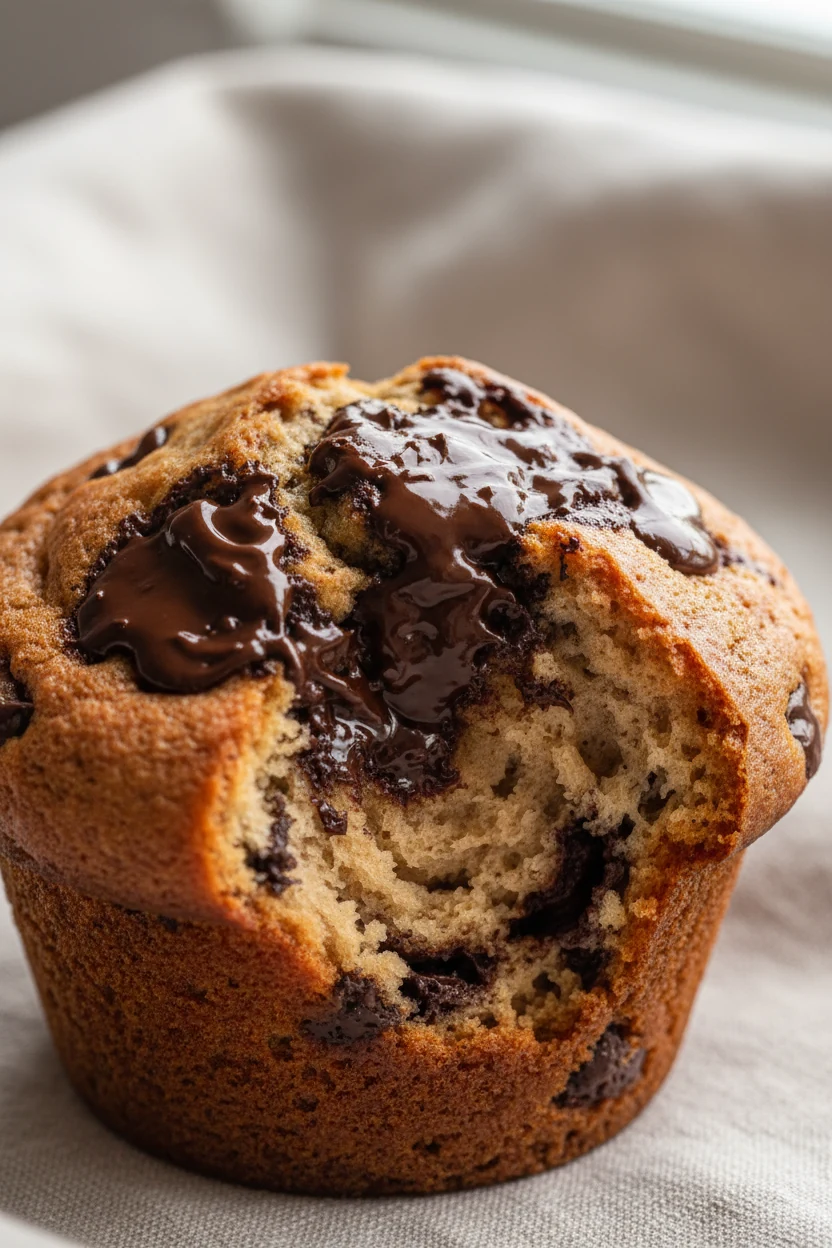 Close-up of a freshly baked chocolate chip muffin with golden-brown edges and melted chocolate pockets, shallow depth of