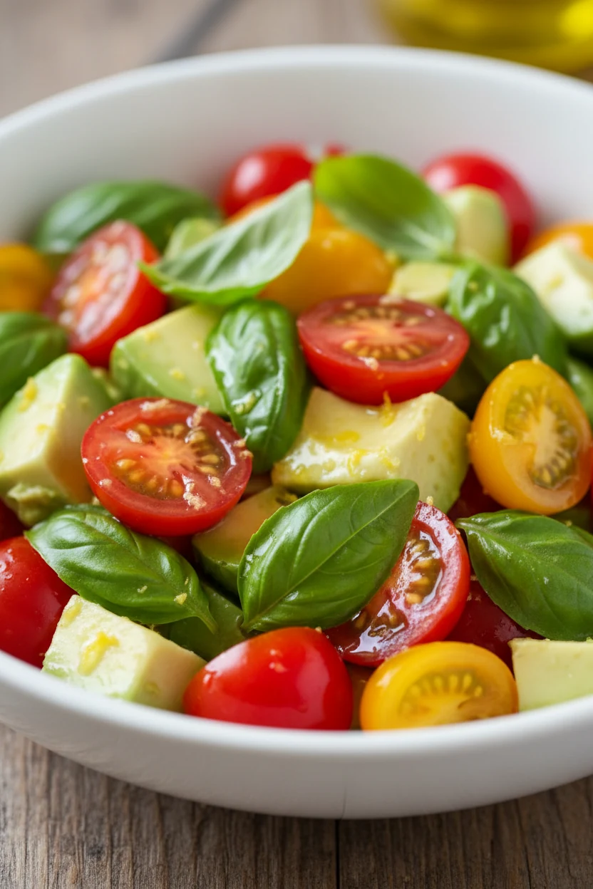 Close-up detail of the vibrant summer salad with halved cherry tomatoes, cubed avocado, and torn basil leaves glistening