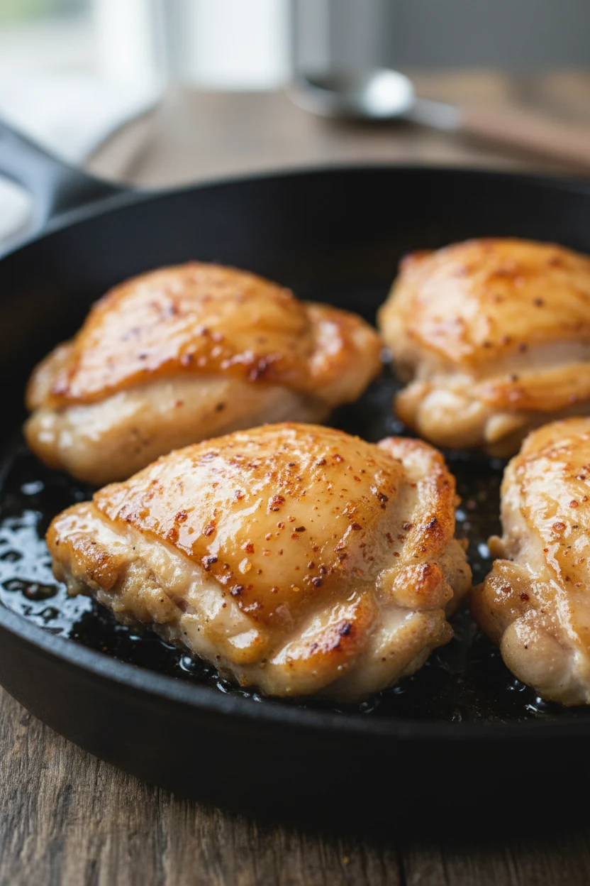 Close-up of golden-brown boneless skinless chicken thighs sizzling in a skillet, glistening with a honey-lemon glaze, fl
