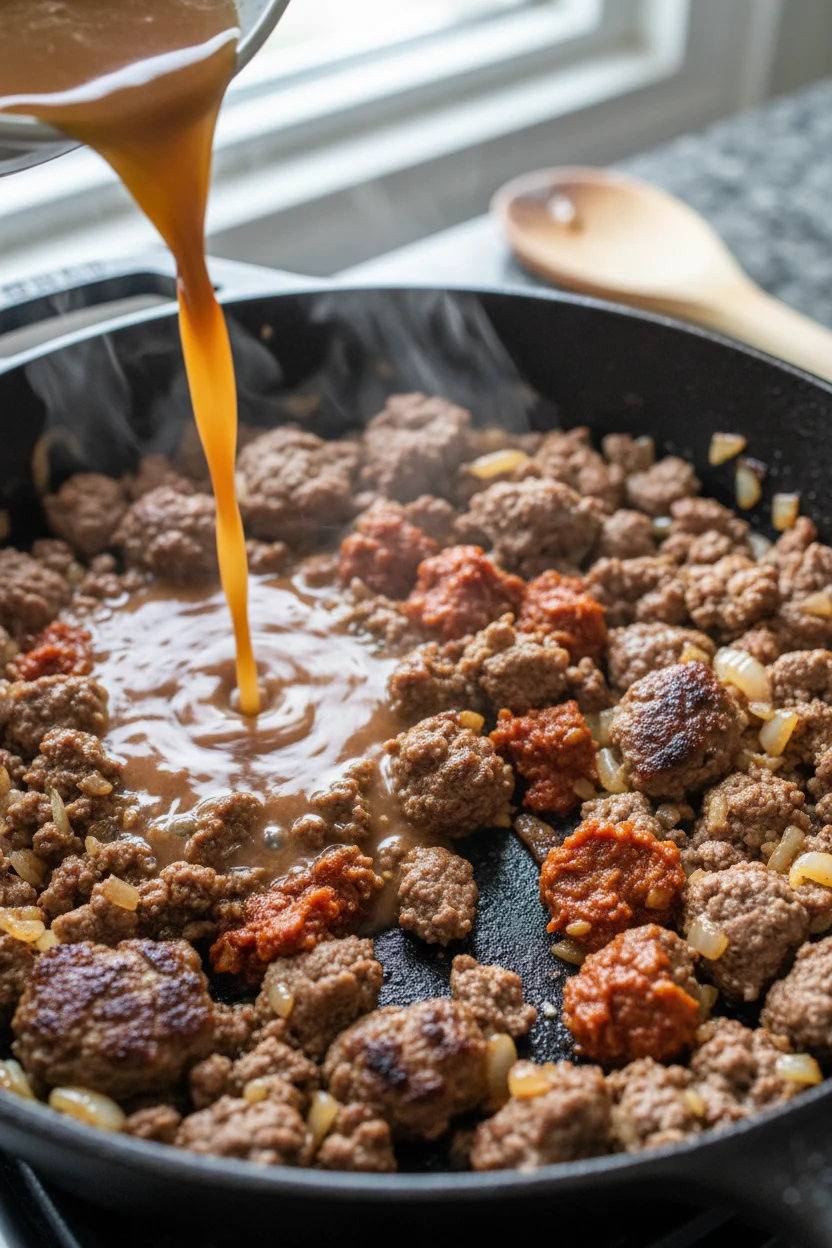 Close-up of the master ground beef base browning in a skillet: crispy-edged crumbles, caramelized tomato paste, onion an