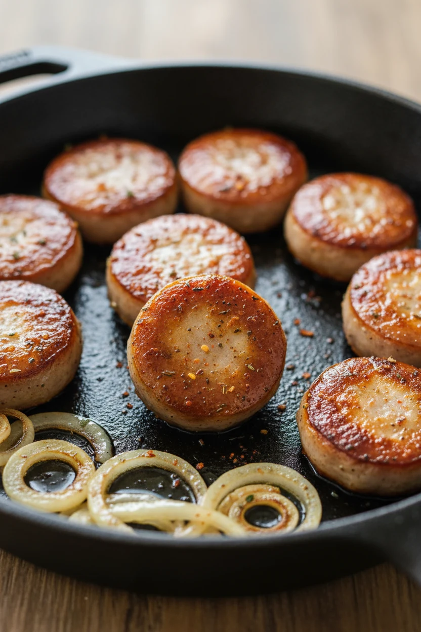 Close-up of golden-brown seared kielbasa slices in a skillet, edges crisped and glistening with olive oil, flecks of smo