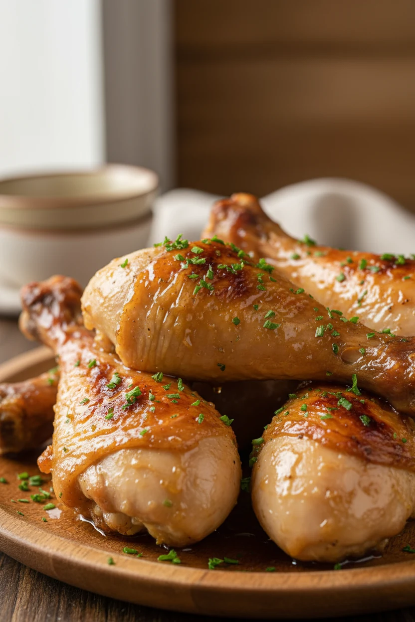 Close-up of freshly baked chicken drumsticks with golden-brown crispy skin glistening from honey glaze, sprinkled with c
