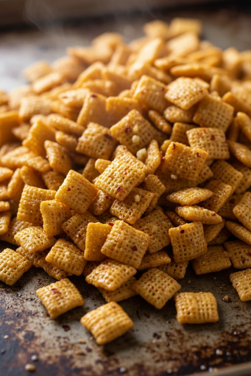 Close-up of golden-brown baked Chex mix fresh from the oven, each piece glistening with buttery seasoning, visible fleck
