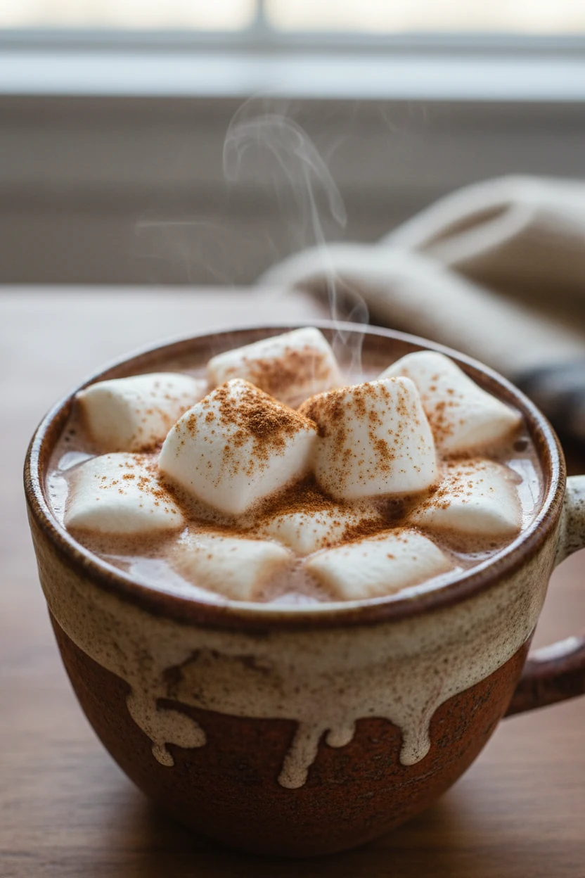 Close-up shot of steaming hot chocolate in a rustic ceramic mug, topped with melting marshmallows and a light dusting of