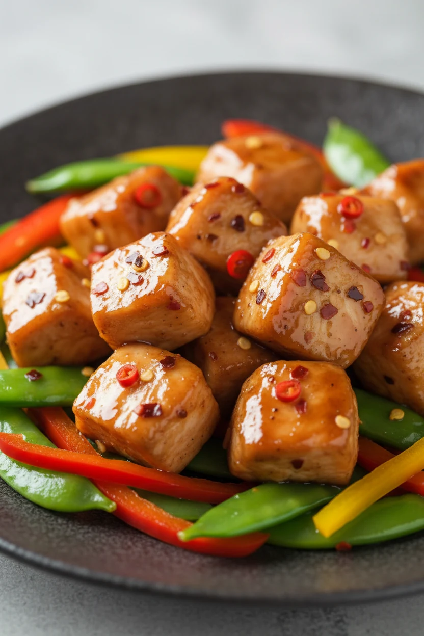 Close-up of glossy stir-fried chicken breast cubes coated in soy–oyster glaze with specks of chili flakes, nestled among