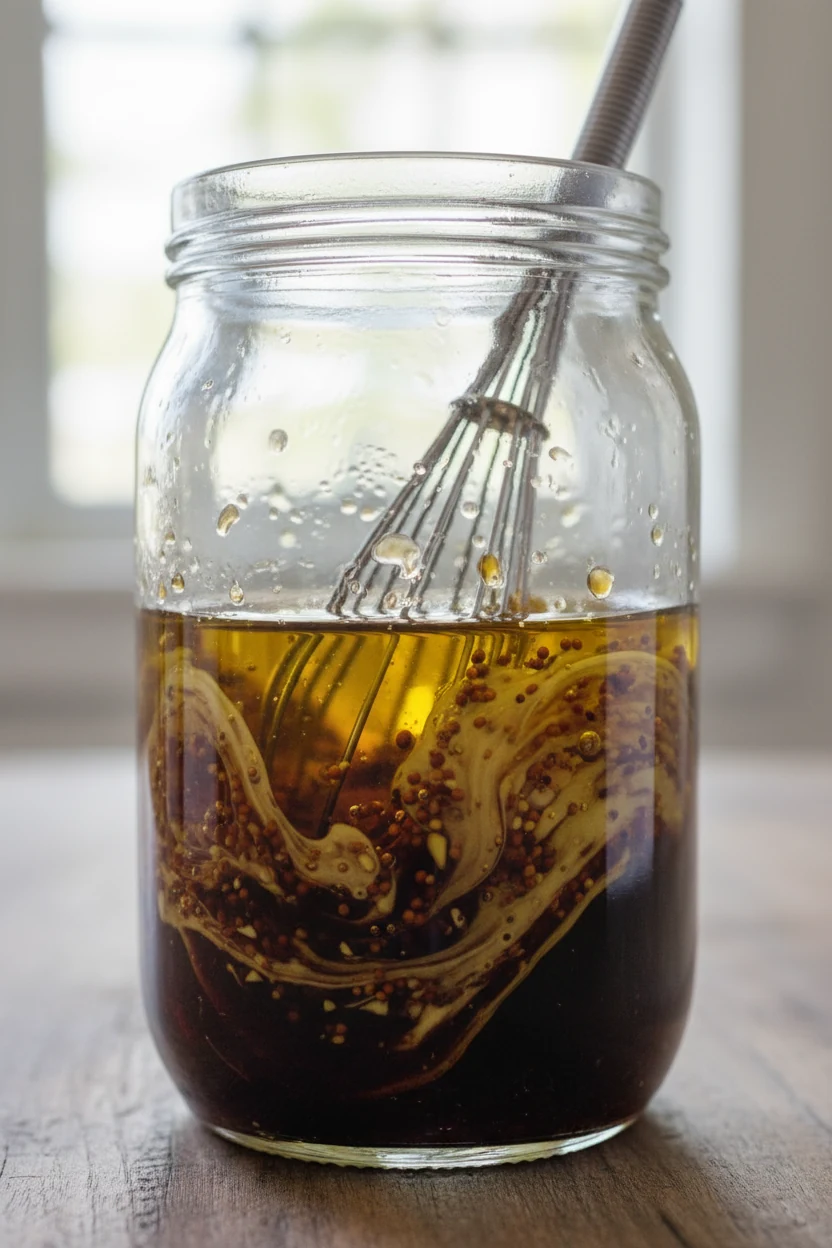 Close-up of freshly whisked classic vinaigrette in a glass jar, golden olive oil and deep red wine vinegar emulsifying w