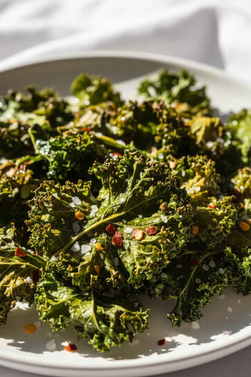 Close-up detail shot of freshly baked kale chips sprinkled with sea salt and red pepper flakes, their curled edges crisp