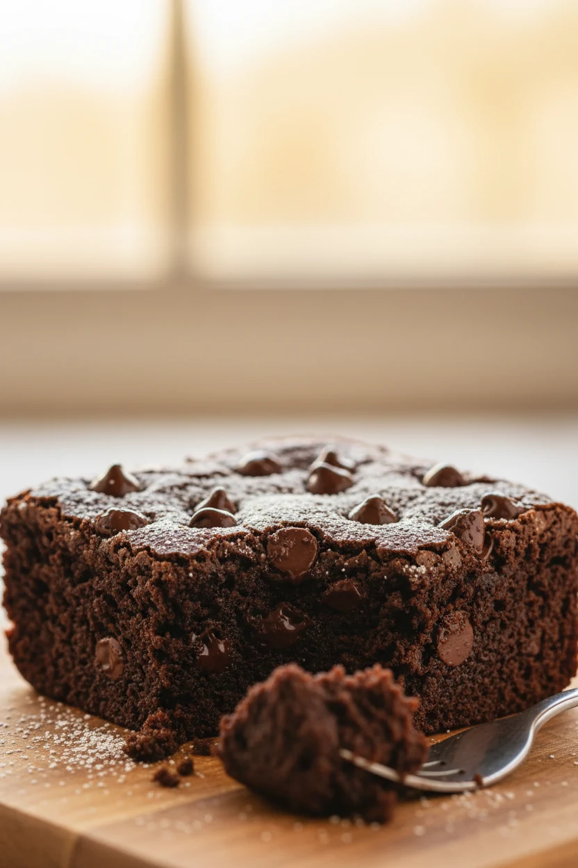 Close-up of gooey dark chocolate brownie square fresh from the oven, melted chocolate chips glistening, dusted lightly w