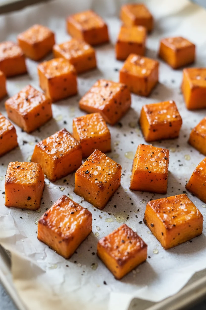 Close-up of golden roasted sweet potato cubes glistening with olive oil, sprinkled lightly with salt and pepper, shallow